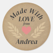 Sticker Rond Fabriqué avec amour Nom personnalisé (Devant)