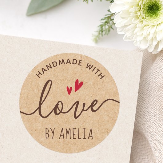 Sticker Rond Fabriqué avec amour nom personnalisé aspect papier