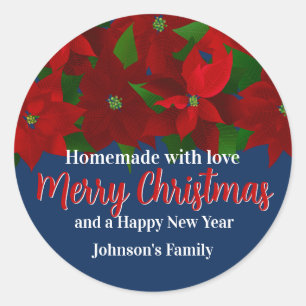 Sticker Rond Fabriqué avec amour - Poinsettias rouge Noël