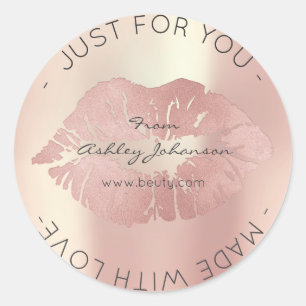 Sticker Rond Fabriqué Avec Amour Rose Rose Or Lips Kiss