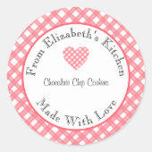 Sticker Rond Fabriqué Avec Amour Rouge En vichy Maison Cadeau B (Devant)