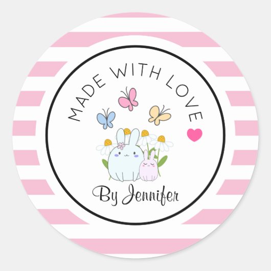 Sticker Rond Fabriqué avec des lapins d'amour Fleurs et papillo (Devant)