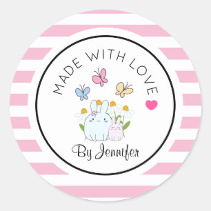 Sticker Rond Fabriqué avec des lapins d'amour Fleurs et papillo