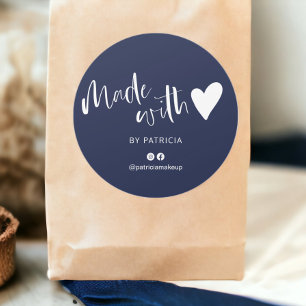 Sticker Rond Fabriqué avec l'amour script minimaliste bleu mari