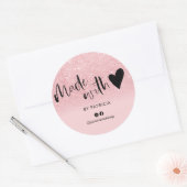 Sticker Rond Fabriqué avec l'amour script rose parties scintill (Enveloppe)