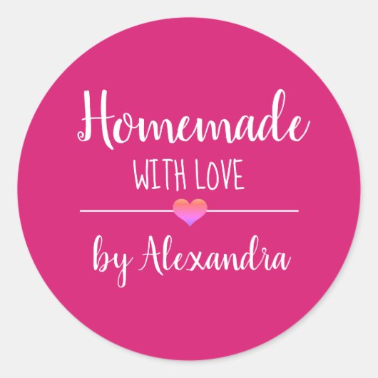 Sticker Rond Fabriqué maison avec le nom de script rose amour (Devant)