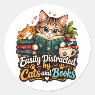 Sticker Rond Facilement Distrait par les Chats et les Livres Mi
