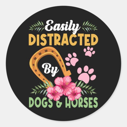 Sticker Rond Facilement Distrait Par Les Chiens Et Les Chevaux (Devant)