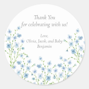 Sticker Rond Faire Baby-Shower Fleur Sauvage Aquarelle Bleue Él