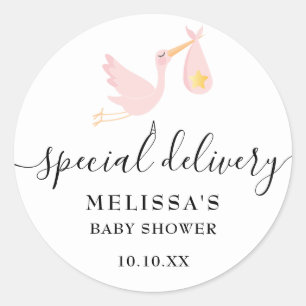 Sticker Rond Faire livrer la cigogne rose bébé fille douche