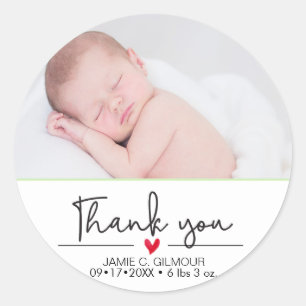 Sticker Rond Faire-part bébé, Merci, Script