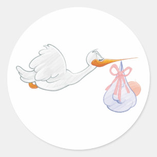 Sticker Rond Faire-part de bébé de cigogne