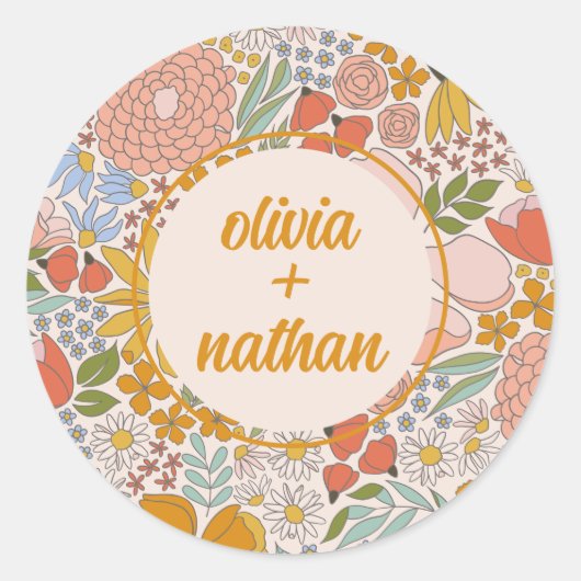Sticker Rond Faire-part de mariage fleuri personnalisé  (Devant)