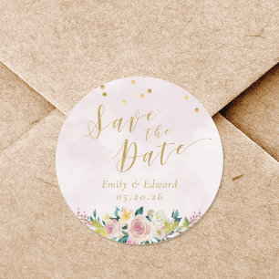 Sticker Rond Faire-part de mariage floral rose rustique