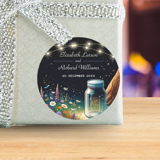 Sticker Rond Faire-part de mariage rustique avec luciole élégan