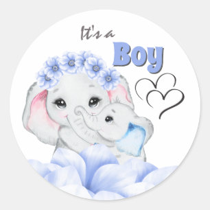 Sticker Rond Faire-part de naissance bébé éléphant bleu