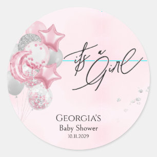 Sticker Rond Faire-part de naissance Bébé fille Ballons roses a
