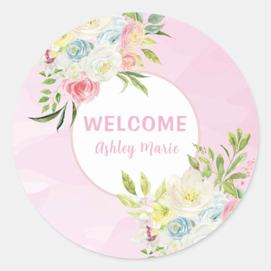 Sticker Rond Faire-part de naissance Fleurs aquarelle rose pers (Devant)