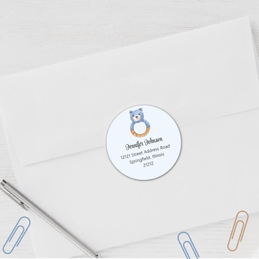 Sticker Rond Faire-part de retour Ourson Bleu Baby Shower Garço