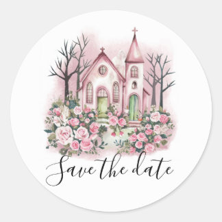 Sticker Rond faire part église fleurs rose aquarelle