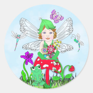 Sticker Rond Fairy Elf Girl assis sur le champignon magique