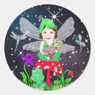 Sticker Rond Fairy Elf Girl assis sur le champignon magique