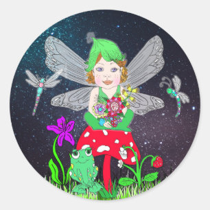 Sticker Rond Fairy Elf Girl assis sur le champignon magique