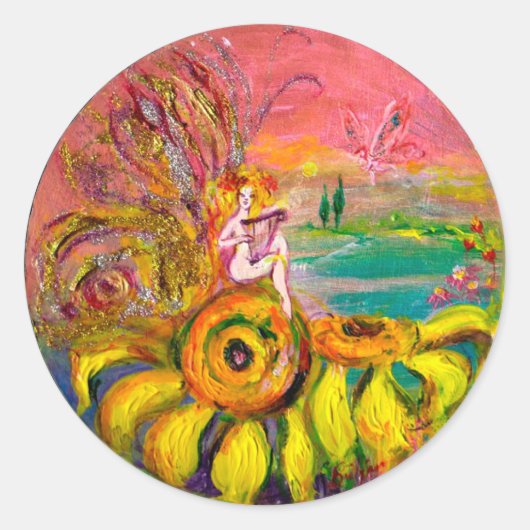 Sticker Rond FAIRY OF THE SUNFLOWERS jaune rose noir (Devant)