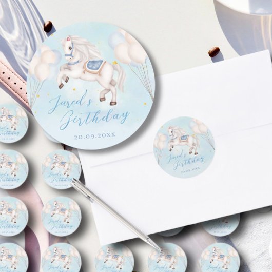 Sticker Rond Fairytale bébé Pony Blue ballons étoile Anniversai