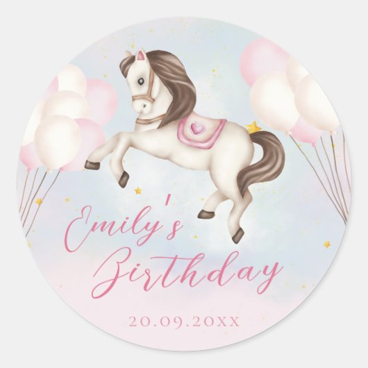Sticker Rond Fairytale bébé Pony rose ballons étoile Anniversai (Devant)