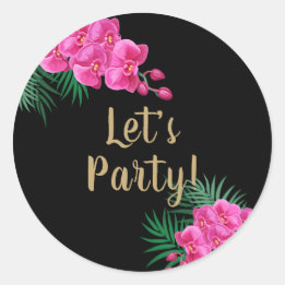Sticker Rond Faisons la fête Orchidée rose or Vert tropicale