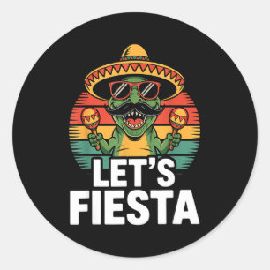 Sticker Rond Faisons la fiesta sombrero dinosaure maracas cinco