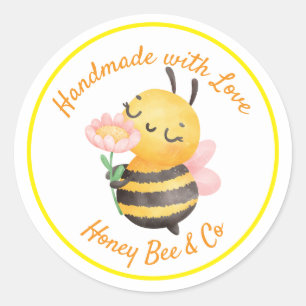 Sticker Rond Fait à la main avec Amour. Abeille Mignonne Person