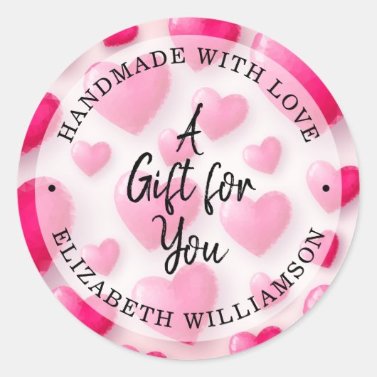 Sticker Rond Fait à la main avec amour Coeurs roses (Devant)