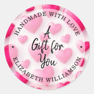 Sticker Rond Fait à la main avec amour Coeurs roses