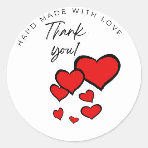 Sticker Rond Fait à la main avec amour Merci coeurs flottants