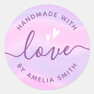 Sticker Rond Fait à la main avec les coeurs d'amour ajouter nom