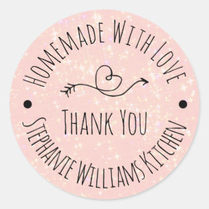 Sticker Rond Fait avec amour Merci rose pailleté