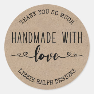 Sticker Rond Fait main avec amour, aspect kraft personnalisé, M