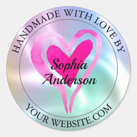 Sticker Rond Fait Main Avec Amour, Cœur & Nom, Iridescent 2 (Devant)