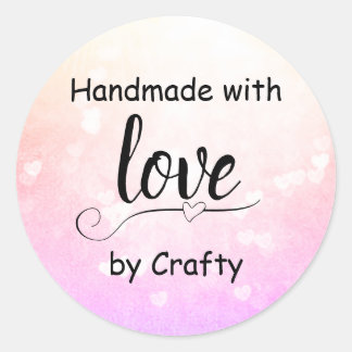 Sticker Rond Fait main avec amour, cœur ombré rose personnalisé