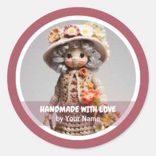 Sticker Rond Fait main avec amour Crochet dame rose