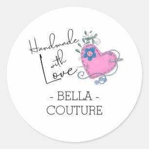 Sticker Rond Fait main avec Amour Joli Coeur de Campagne Cousu