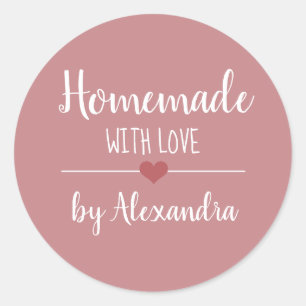 Sticker Rond Fait maison avec amour vintage script rose personn