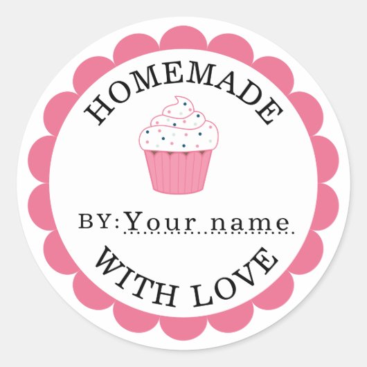 Sticker Rond Fait maison avec le cupcake rose amour (Devant)