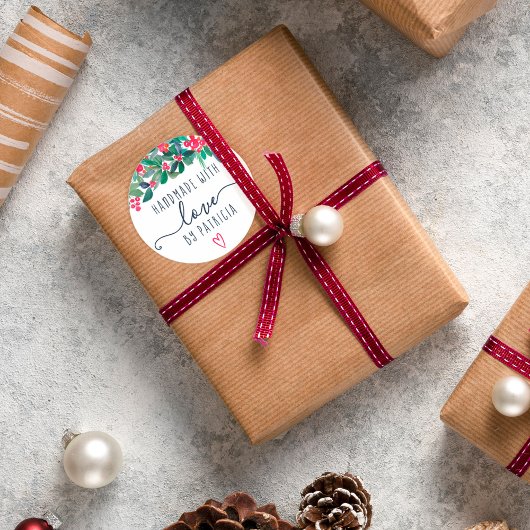 Sticker Rond Faite à la main avec amour floral Noël aquarelle