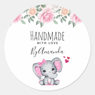 Sticker Rond Faite à la main avec amour mignon rose bébé élépha