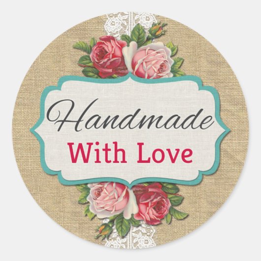 Sticker Rond Faite À La Main Avec Amour Shabby Chic Roses Vinta (Devant)