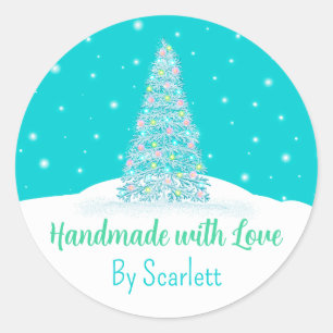Sticker Rond Faite À La Main Avec Amour Turquoise Aqua Christma