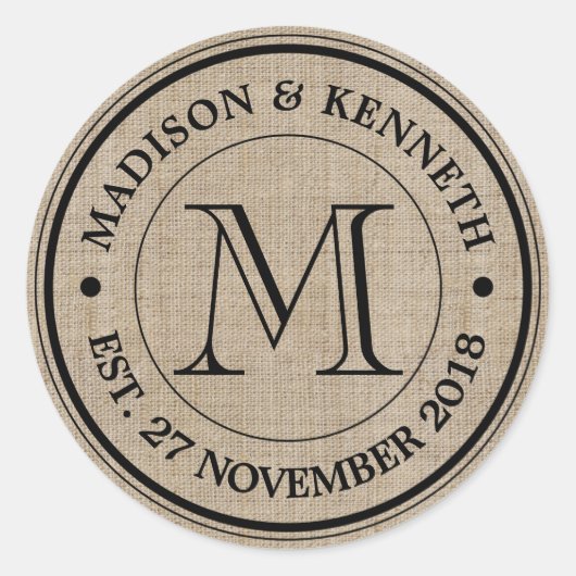 Sticker Rond Faites votre propre Burlap Retro Logo Monogramme (Devant)
